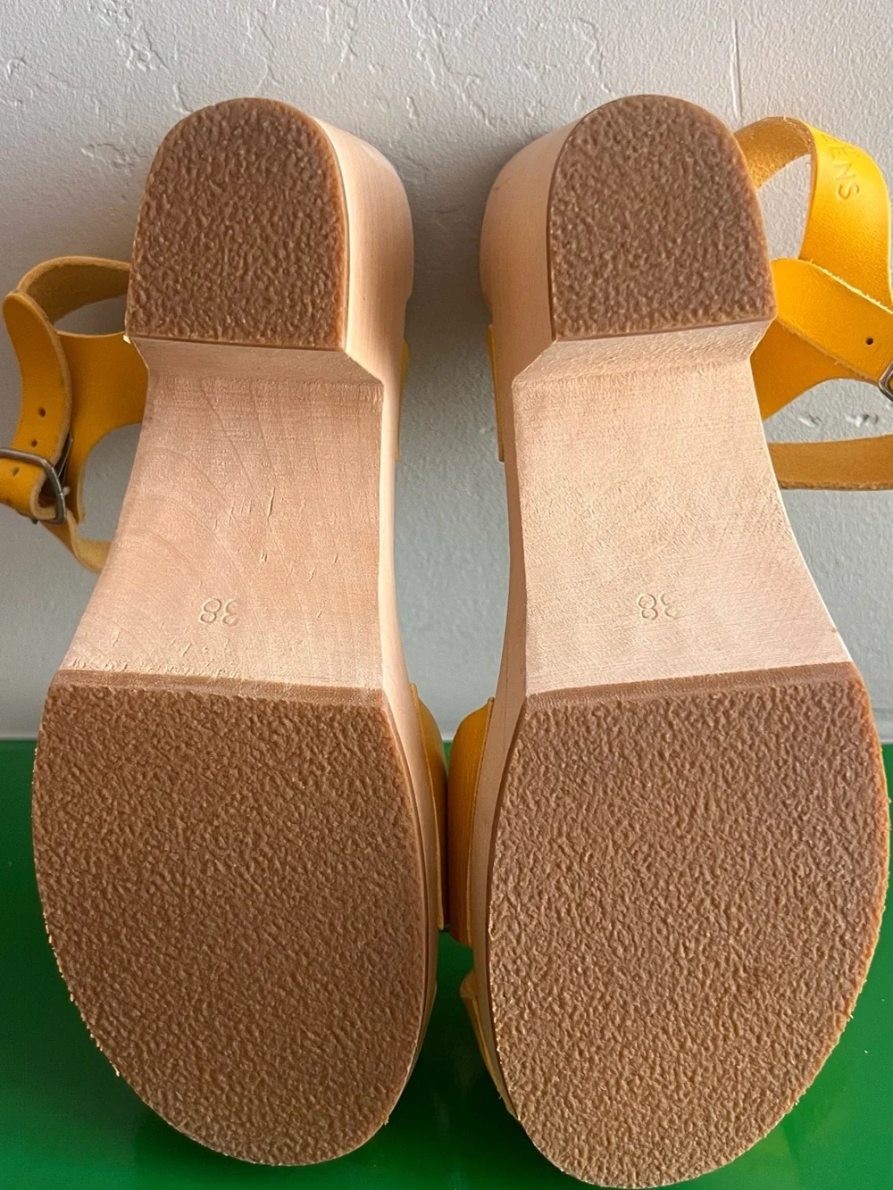 Swedish Hasbeens Yellow Leather Wedge Sandals